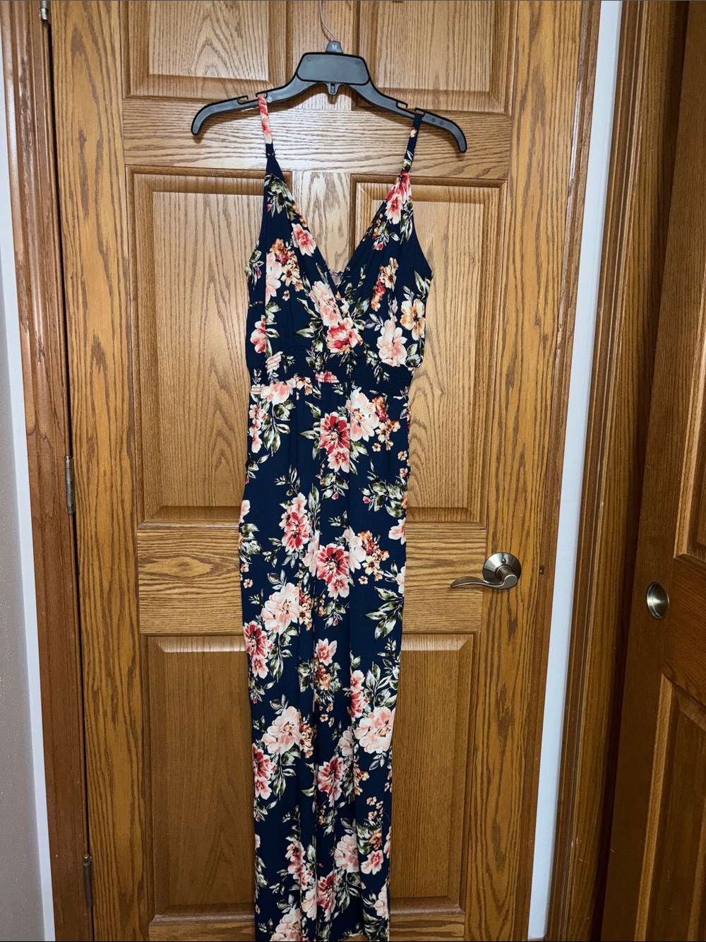 Xhilaration Navy Floral Maxi Jumpsuit with V-Neck